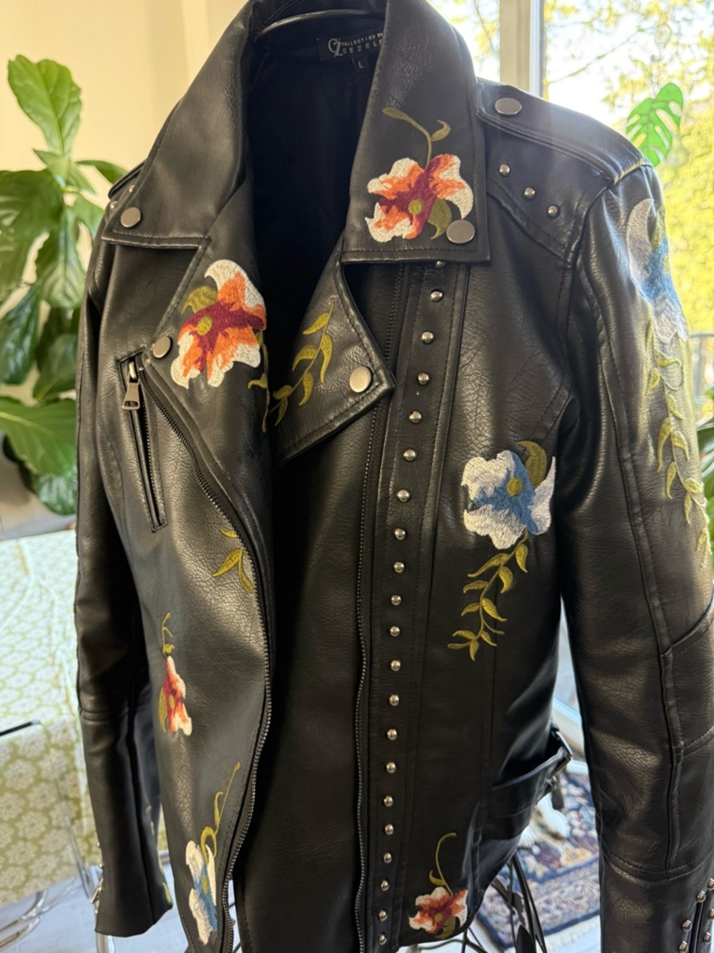 Women's Black Embroidered Faux Leather Moto Jacket - Picture 6 of 14